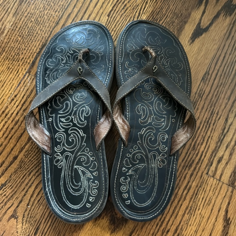 Olukai Paniolo Brown Leather Flip Flops Thong Sandals Womens 10